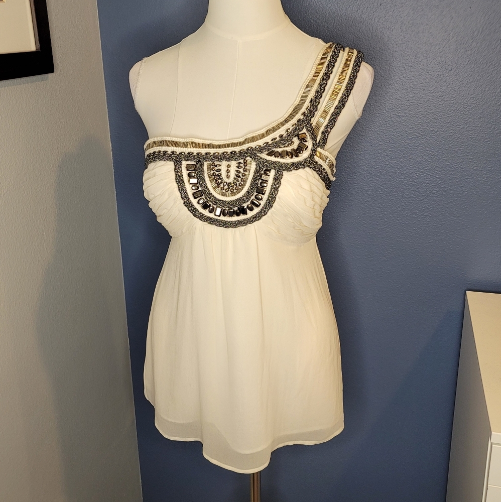 Bebe White One-Shoulder Embellished Top